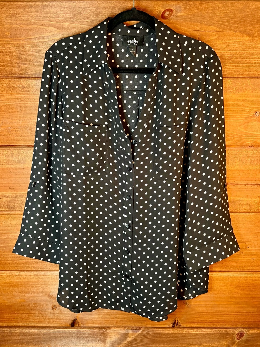 by & by Black Button-Front Polka Dot Blouse With Roll Tab Sleeves Size Large 🖤